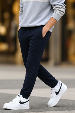 TRENDYOL MAN Ac?k Lacivert Jogger Fit Beli Bagc?kl? Dokulu Kumas Pantolon TMNSS24PL00027