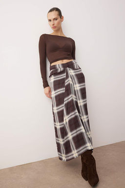 Kahverengi Ekoseli Bel Detayl? Uzun Maxi Etek TWOAW26ET00159 - Trendyolmilla фото 4
