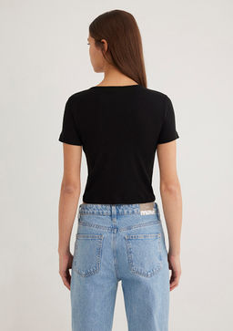 Dugmeli Siyah Basic Tisort - Mavi фото 5