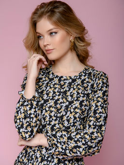 Платье черное с цветочным принтом и длинными рукавами - 1001dress фото 4