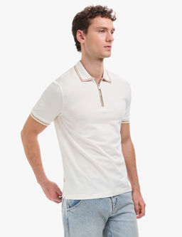 Ekru Slim Fit %100 Pamuk Fermuarl_ Polo Yaka Ti__rt