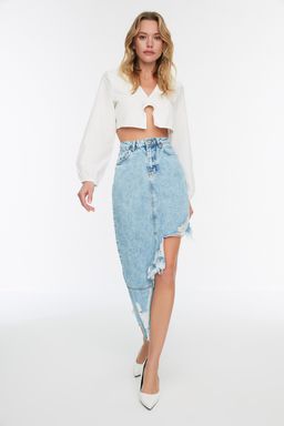 Mavi Puskullu Asimetrik Midi Denim Etek TWOAW22ET0140 - Trendyolmilla фото 7