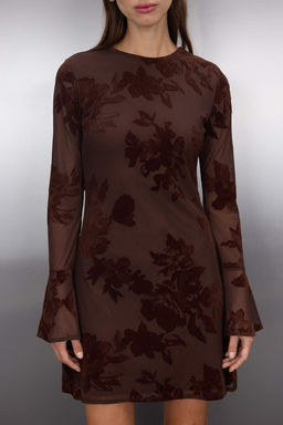 Cok Renkli Flok Bask?l? Bodycon Mini Tul Flare Kollu Astarl? Esnek Orme Elbise TWOAW26EL00029 - Trendyolmilla фото 3