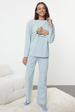 Trendyolmilla Mavi %"00 Pamuklu Ay?c?k ve Slogan Bask?l? Orme Pijama Tak?m? THMAW25PT00186