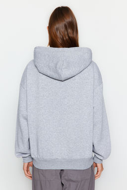 Gri Oversize/Rahat Kesim Basic Kapusonlu Fermuarl? Kal?n Ici Polarl? Orme Sweatshirt TWOAW24SW00188