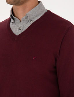 Koyu Bordo Slim Fit V Yaka Basic Triko Kazak - Pierre cardin фото 7