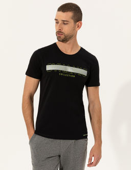 Siyah Slim Fit Bask_l_ Bisiklet Yaka Ti__rt