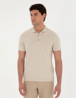 Bej Slim Fit D__meli Polo Yaka Keten Kar___ml_ Triko Ti__rt