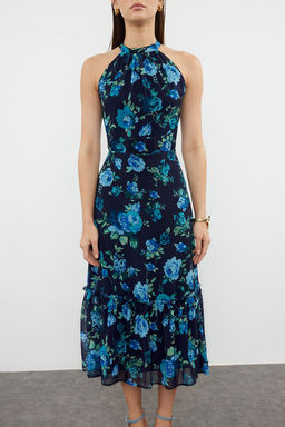Lacivert Cicek Desenli A Kesim Halter Yaka Astarl? Midi Dokuma Elbise TWOSS19LJ0200