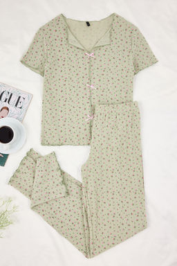Yesil %100 Pamuklu Cicekli Kurdele/Fiyonklu Fitilli/Pointel Orme Pijama Tak?m? THMSS26PT00010 - Trendyolmilla фото 33
