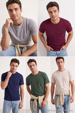 Gri-Lacivert-Ta_-Bordo-Haki 5li Paket Regular Fit Basic %100 Pamuklu T-ShirtTMNSS24TS00082