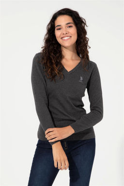 Женский базовый свитер антрацитового меланжевого цвета с v-образным вырезом
