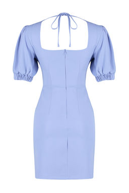 Mavi A Kesim S?rt Datayl? Balon Kollu Mini Dokuma Elbise TWOSS24EL00652