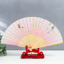 Веер складной h=21 см Зайчики у сакуры, розовый, с кисточкой