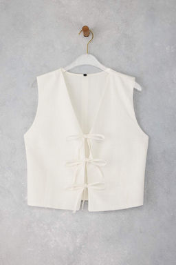 Beyaz Baglama Detayl? Keten Gorunumlu Dokuma Yelek TWOSS25YE00124