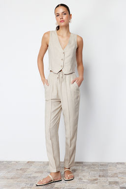 TRENDYOLMILLA Bej Beli Lastikli Straight/Duz Kesim Pamuk Keten Dokuma Pantolon TWOSS24PL00063