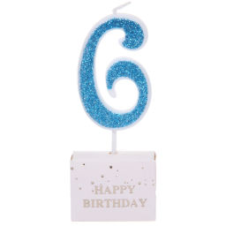 Цена за 10 шт. Свеча для торта Цифра Иллюзия "6" 9.5 см, голубой