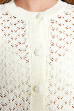 Ekru Crop Dantel Garnili Ajurlu/Delikli Triko H?rka TWOAW24KZ01059