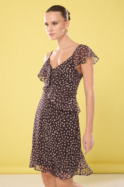 Kahverengi Puantiyeli A Kesim Volanl? Sifon Ucus Ucus Dokuma Mini Elbise TWOSS25EL00454