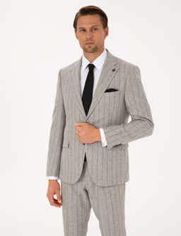 Gri Slim Fit Y_n Ka_mir Kar___ml_ _izgili Tak_m Elbise