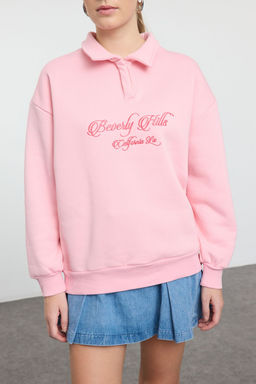 Ac?k Pembe Gomlek Yaka Nak?sl? Regular Fit Kal?n Ici Polarl? Orme Sweatshirt TWOAW24SW00182