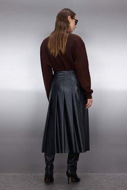 Siyah Suni Deri Pileli Midi Dokuma Etek TWOAW26ET00029 - Trendyolmilla фото 4