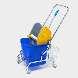 Тележка уборочная одноведерная с вертикальным отжимом и сеткой, синее ведро 25 л, хромированная рама