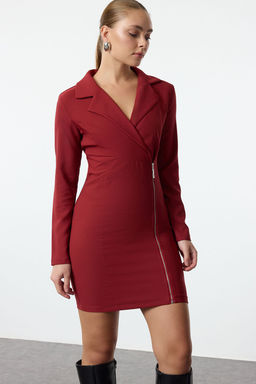 Bordo Ceket Yaka Fermuar Detayl? Dokuma Elbise TWOAW24EL00292