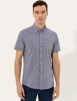 Рубашка приталенного кроя из смесового льна цвета индиго с короткими рукавами - Cacharel фото 3