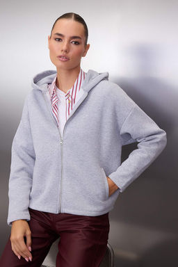 Gri Melanj Kal?n Ici Polarl? Kapusonlu Fermuarl? Oversize/Genis Kesim Orme Sweatshirt TWOAW26SW00111