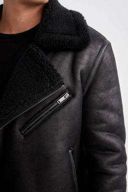 Узкая приталенная куртка из искусственной кожи на подкладке из искусственного меха на молнии - Defacto фото 5