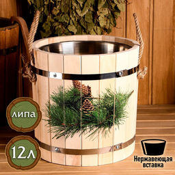Запарник - ведро для бани и сауны «Еловая ветка», 12 л, липа, нержавеющая вставка, «Добропаровъ»