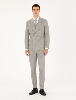 Gri Extra Slim Fit Ekose Kruvaze Tak_m Elbise