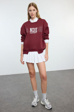 Bordo Slogan Bask?l? Oversize/Genis Kal?p Etek Ucu Detayl? Orme Sweatshirt TWOAW25SW00100 - Trendyolmilla фото 2