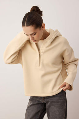 Siyah Kal?n Ici Polarl? Yar?m Pat Fermuarl? Oversize Kapusonlu Orme Sweatshirt TWOAW26SW00092 - Trendyolmilla фото 9