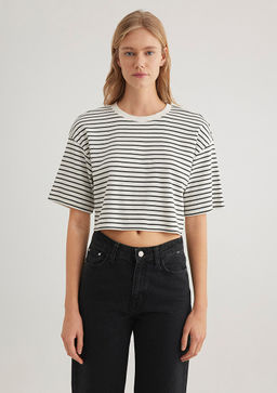 Cizgili Crop Tisort - Mavi фото 3