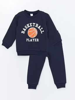 Bisiklet Yaka Bask?l? Erkek Bebek Sweatshirt ve E?ofman Alt 2li Tak?m