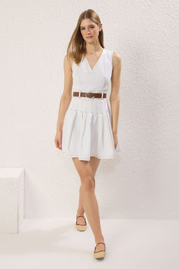 Trendyolmilla Ekru Kemerli V Yaka PIleli Mini Denim Elbise TWOSS25EL00739  фото 2