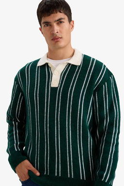 Relax Fit Polo Yaka _izgili Triko Kazak