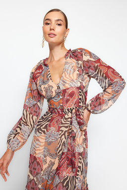 TRENDYOLMILLA Cok Renkli Kusakl? Etnik Desenli Etegi Volanl? Astarl? Midi Dokuma Elbise TWOAW24EL00356  фото 8