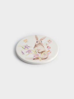 Подставка под кружку, 11 см, круглая, керамика/пробка, белая, Кролик в цветах, Flower Rabbit