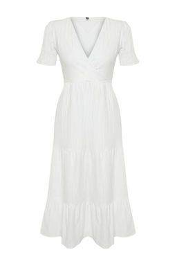 TRENDYOLMILLA Ekru Etegi Belden Ac?lan Kruvaze Yaka Astarl? Maxi Dokuma Elbise TWOSS24EL00693  фото 6