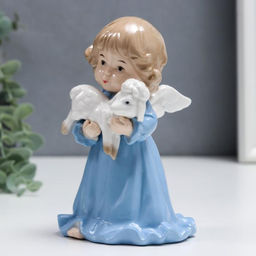 Фигурка керамика «Ангелочек в голубом платье, с барашком», 15 см