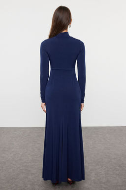 Lacivert Duz Fitted/vucuda Oturan Maxi Dik Yaka Esnek Orme Elbise TWOAW25EL00311 - Trendyolmilla фото 3
