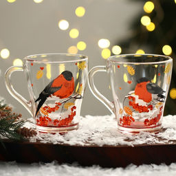 Кружки стеклянные новогодние Снегири!, набор 2 шт. - Дорого внимание фото 2