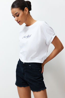 TRENDYOLMILLA K?rm?z? %100 Pamuk Premium Slogan Bask?l? Crop Orme T-Shirt TWOSS24TS00013  фото 11