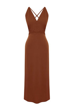 TRENDYOLMILLA Kahverengi Midi Dokuma S?rt Dekolteli Plaj Elbisesi TBESS22EL0727  фото 6