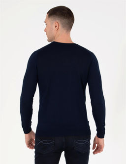Lacivert Slim Fit Bisiklet Yaka Y_n Kar___ml_ Basic Triko Kazak