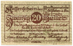 20 геллеров 1920 года Австрия Санкт-Петер-ин-дер-Ау (нотгельд)