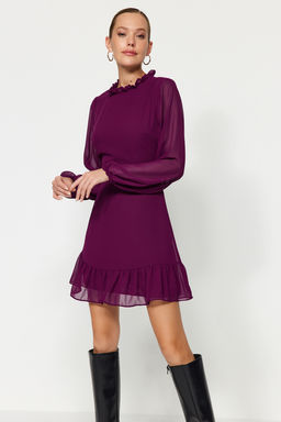 TRENDYOLMILLA Siyah A Kesim F?rf?r Detayl? Dik Yaka Mini Astarl? Sifon Dokuma K?sl?k Elbise TWOAW24EL00722  фото 9